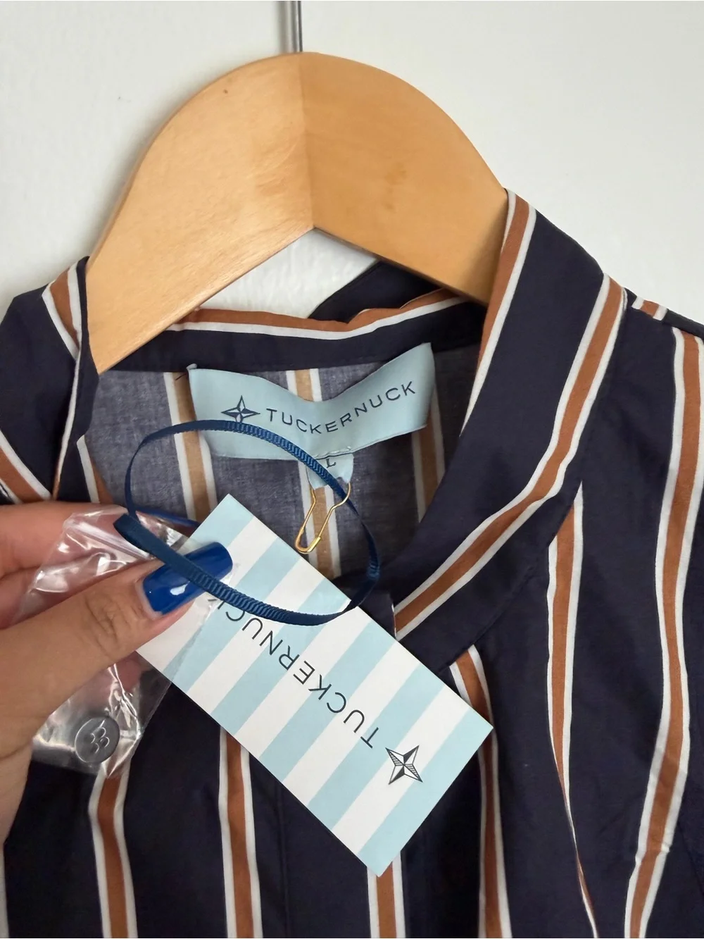 Tuckernuck Shirt Dress Long Sleeve Navy Brown Midi Drop Waist Women Size Large